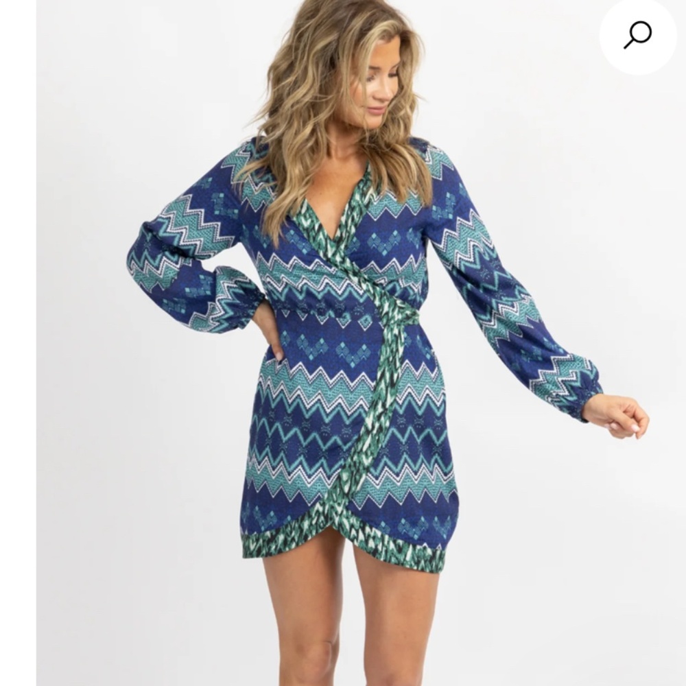 BLUE MULTI-ZIGZAG WRAP MINI DRESS